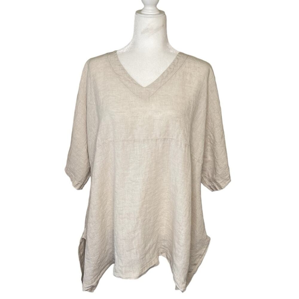 Match Point Linen Kimono Longline Blouse Top Beige S